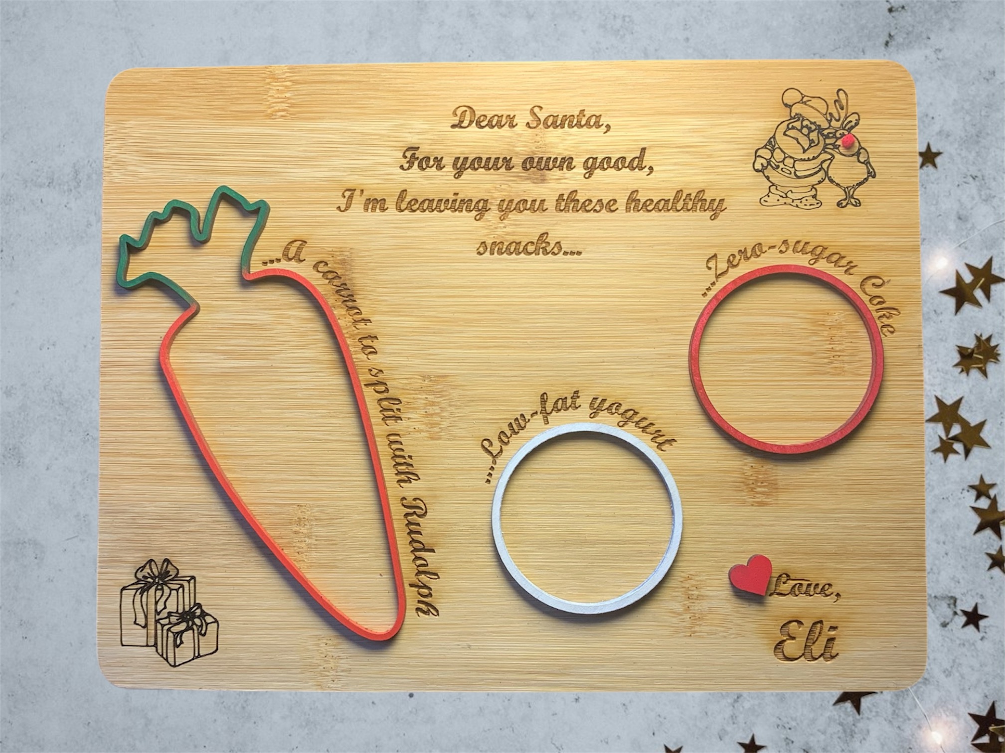 a personalised santa treat tray funny with carrot, low fat yoghurt and zero coke